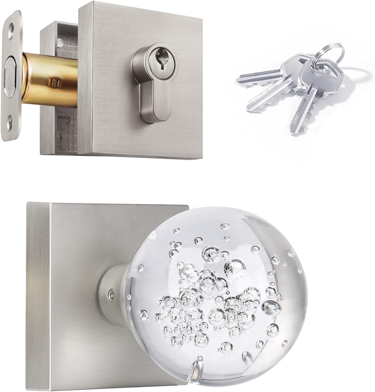 Glass Crystal Door Knobs Interior with Lock, Round Clear Bubble Ball Modern Classic Matte Black Privacy Door Knobs for Bedroom Bathroom