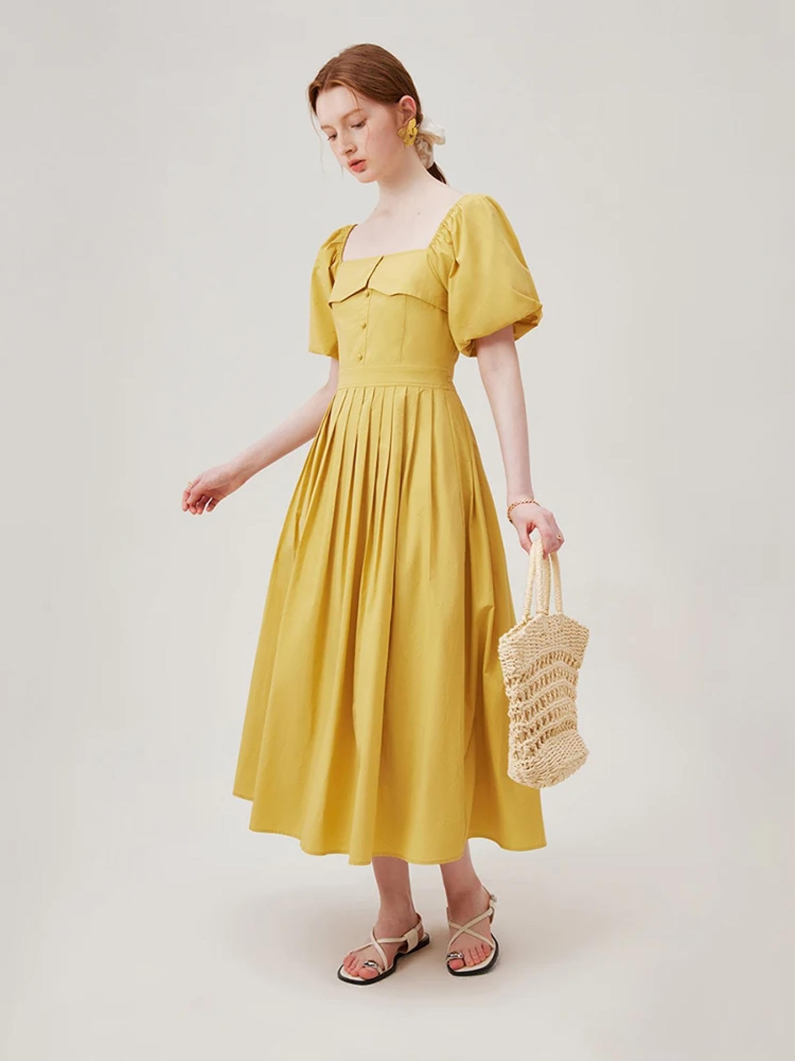 Falda Mujer Larga Cintura Alta Elástica Plisada Skirt Vestido De Algodón Vestido Largo Midi con Escote Cuadrado