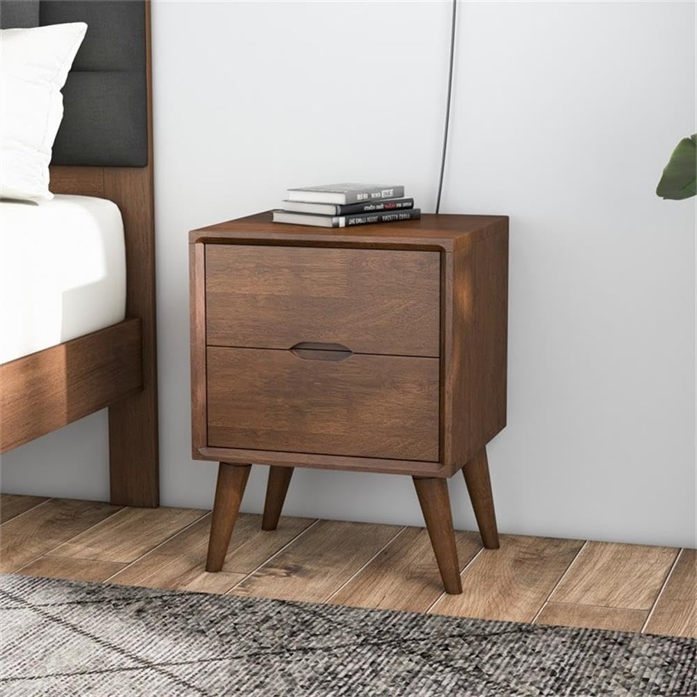 Ashcroft Edie Mid-Century Modern Solid Wood 2-Drawer Night Stand, Side Table, Bedroom Storage Nightstand, Bedside Modern End Table, 27.5''H, in Walnut Brown