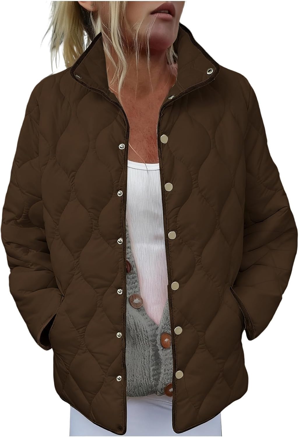 Women's Quilted Jacket Lightweight Button Down Stand Collar Puffer Jackets Warm Coats Outerwear