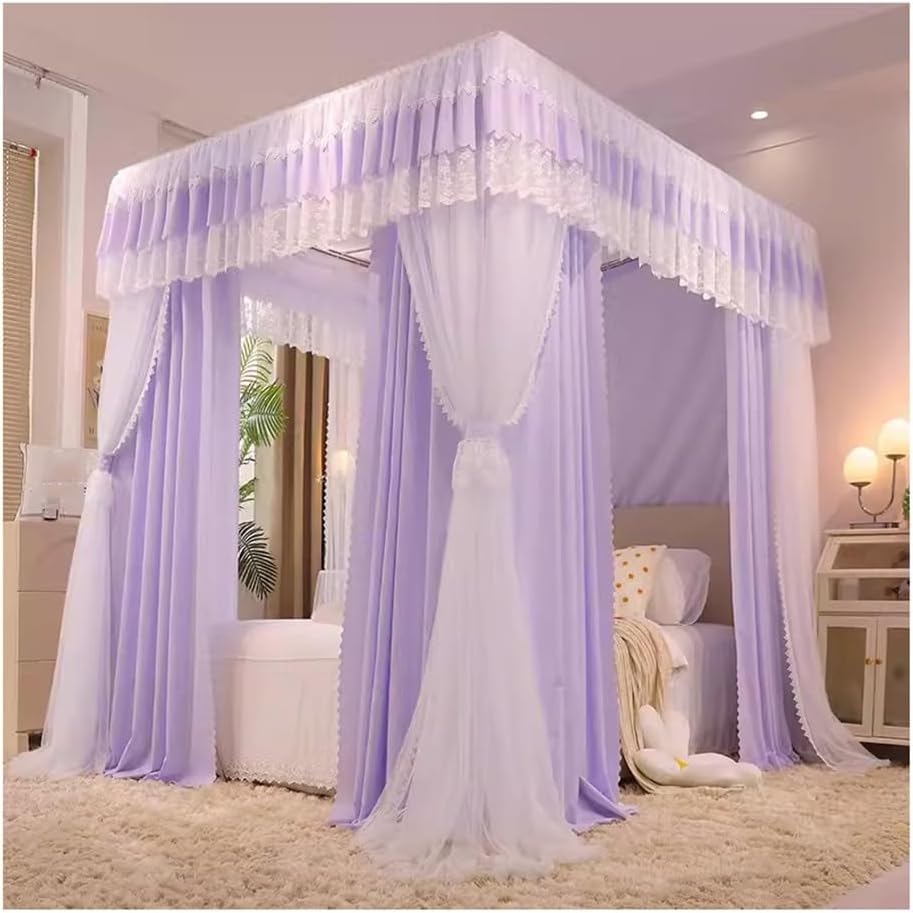 Bed Canopy Mosquito Net Decorative Bed Curtain for Girl's Princess Bedroom with Metal Support (Purple 150X200cm/59X79inch)