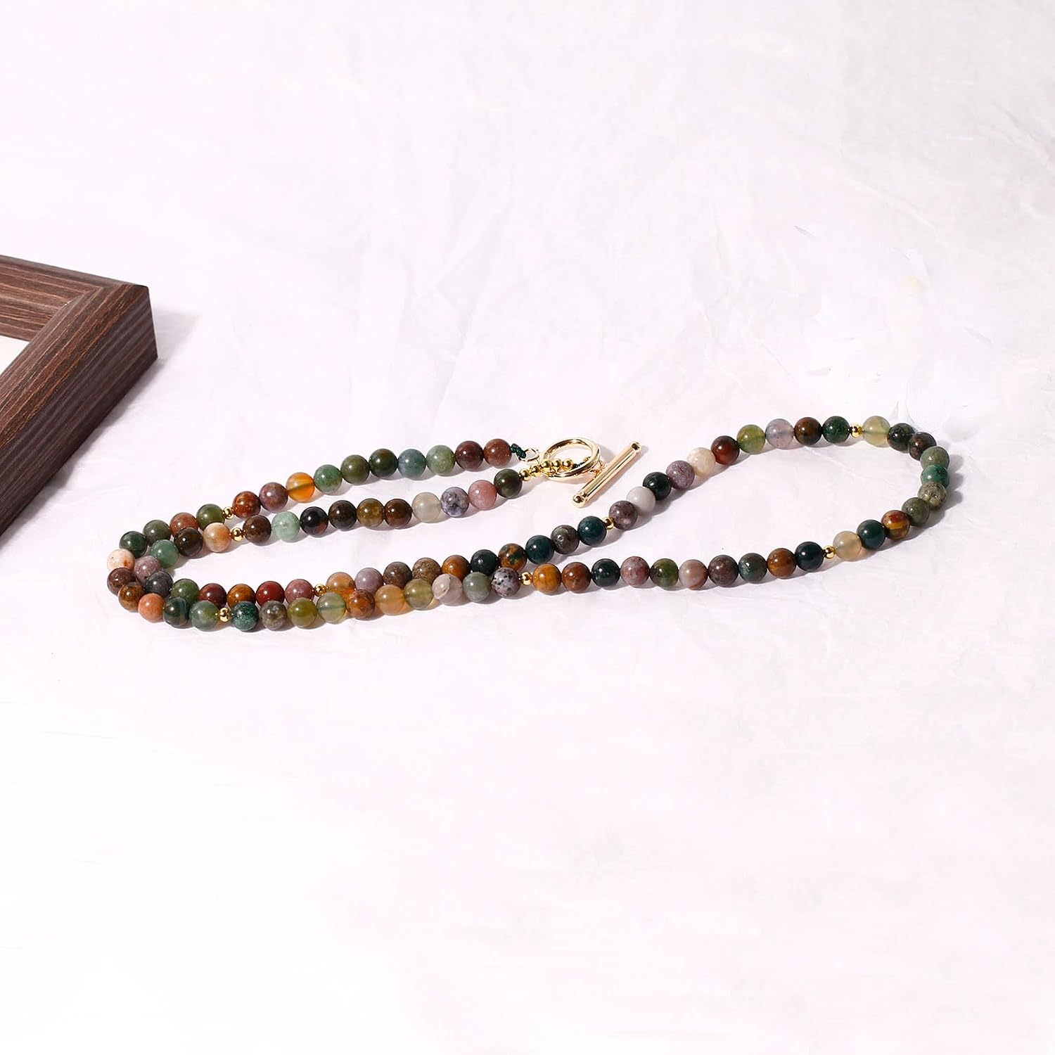 Spiritual 6mm Indian Agate Long Necklace Prosperity Jewelry 24in | Unisex, 60cm in Length, Necklaces for Women and Men, Classic Toggle Clasp Closure, Handmade, Unique Color Gemstones