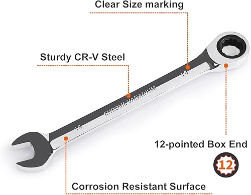 Miniatura 65 de Egofine Llave combinada de trinquete de 7/16 pulgadas SAE, llave de engranajes de grado industrial con diseño de 12 puntos, trinquete de 72 dientes