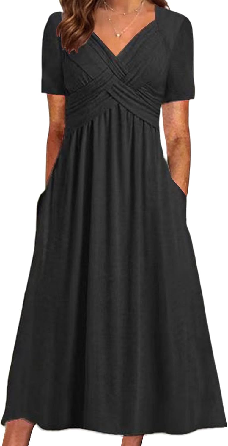 Women's Short Sleeve V Neck Wedding Guest Dresses Pleated Boho Sun Beach Vacation Dress for Women