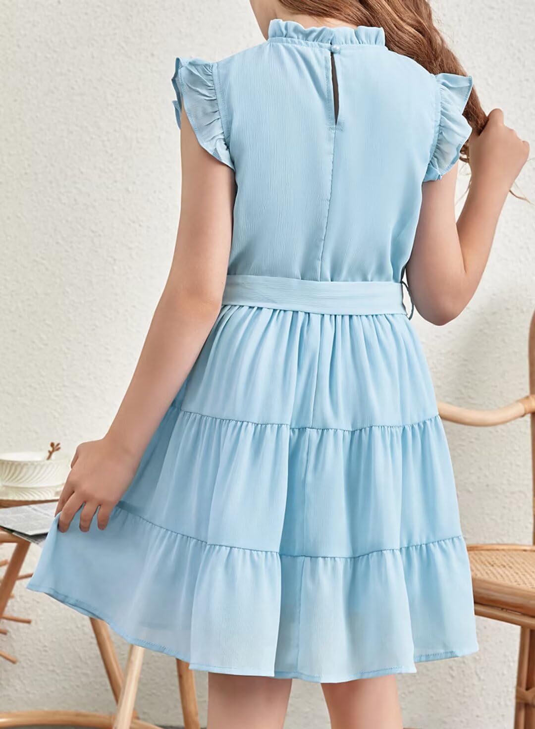 Tween Girls Dresses Elegant Sleeveless Ruffle Flowy Dress with Belt 6-13 Years - Image 3