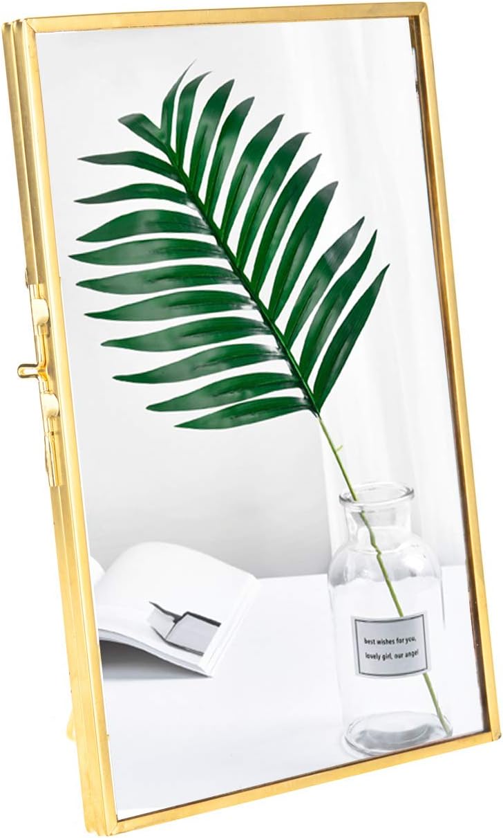 Feyarl Gold Floating Glass Picture Frame Vintage Folding Frame Metal Glass Desk Photo Frame