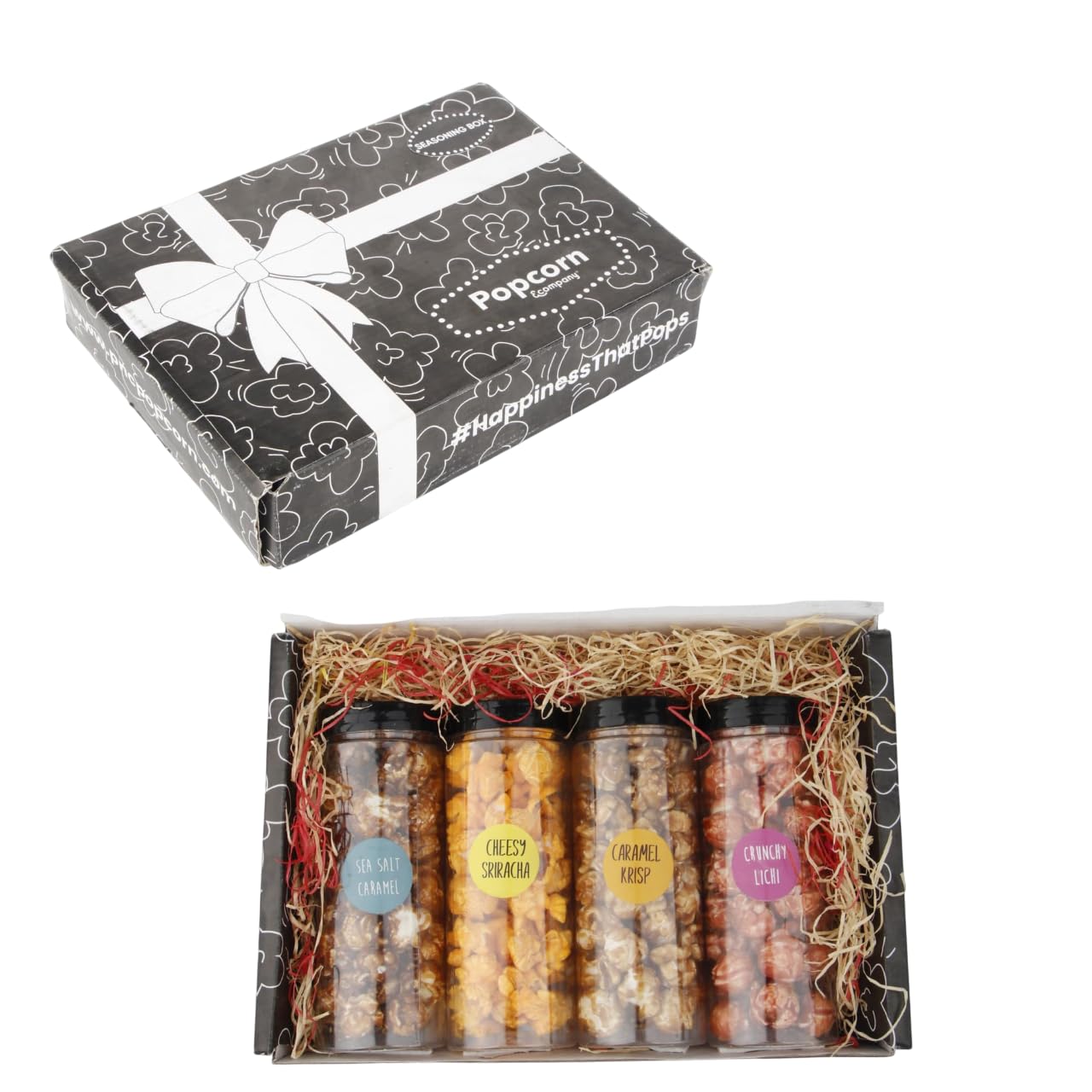 Popcorn & Company Gourmet Popcorn Combo (Pack of 4, 200gm) - Caramel Krisp, Crunchy Lichi & Seasalt Caramel (60gm Each) Cheesy Sriracha (20gm) Perfect for Movie Nights & Gatherings, Evening Snacks-image-6