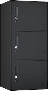 3-Door Vertical Stackable Storage Cabinet with Lock, Anti-Failing Device, Metal Locker, Organizer for Office, Home, Gym, School, Kids (Black)