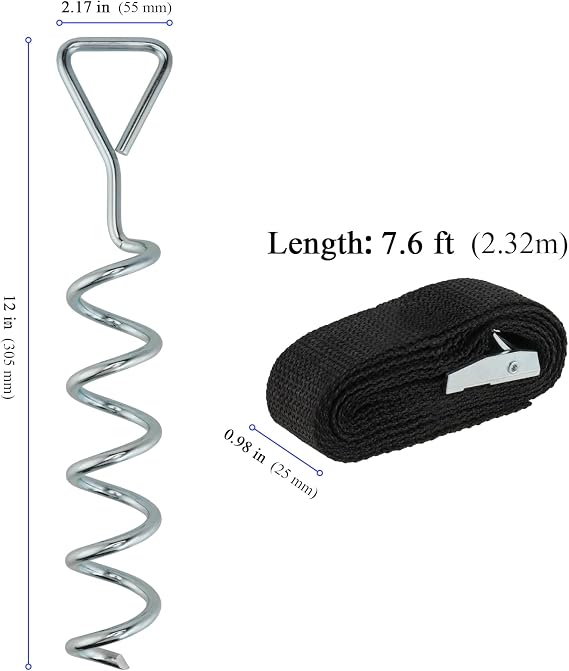 4 PCS 31cm Trampoline Tie Down Anchor Kit, Trampoline Anchor Ground Pegs with Adjustable Straps, Heavy Duty Spiral Ground Anchors for Trampolines, Tents, Swings