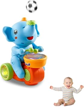 Musical Walking Elephant Drummer Toy Multifunctional Drumming Car Blow Floating Ball Tricycle Childrens Drum with LED Lights