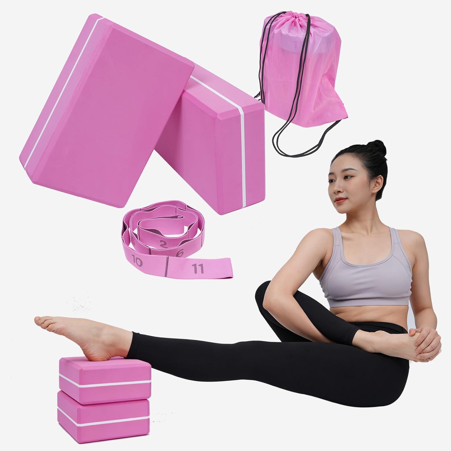 2 Pack Yoga Blocks 350g High Density, Non-Slip EVA Foam Brick with Bonus 11 loops Yoga Strap & Carry Bag, Pilates Block Set for Balance, Flexibility, Meditation, Home Gym & Studio