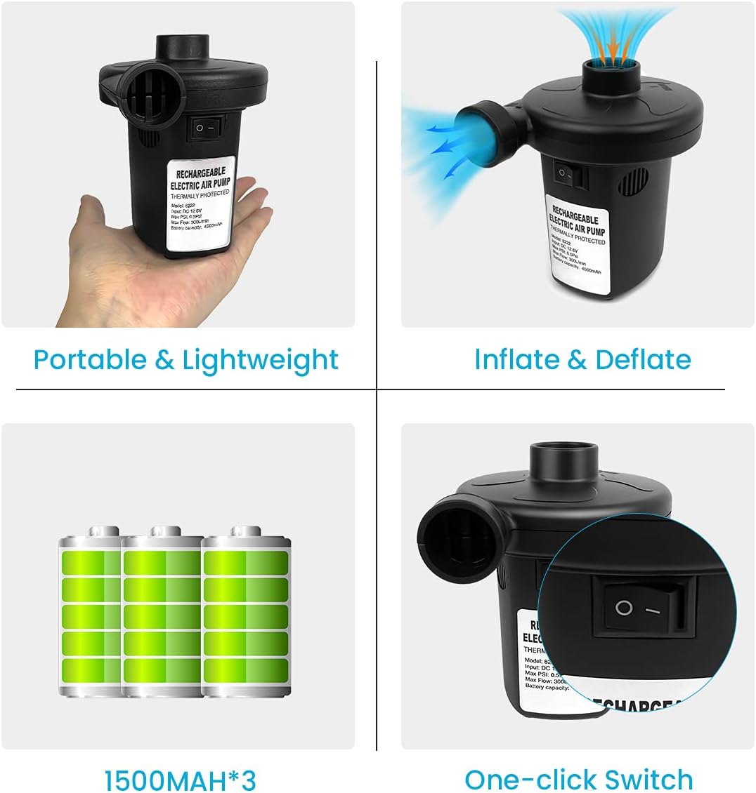 Battery Air Pump for Inflatables, Air Mattress Pump with 3 Nozzles for Airbed Inflatable Pool Inflator Deflator Pump