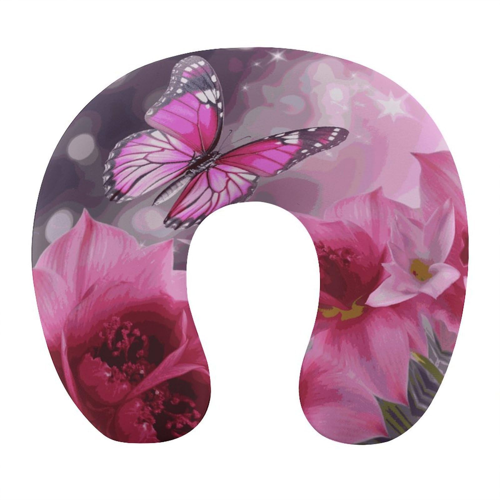 VstaDank Pink Flower and Butterfly Neck Pillow Soft Comfortable Travel U Shaped Pillows Portable Pillows for Shoulder Memory Foam Head Support Pillow for Airplane Car Home Office