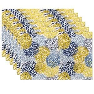 6 Pcs Yellow Blue Dahlia Table Mats,Floral Geometric Placemats Waterproof Washable, Kitchen Table Decoration Placemats Modern Holiday Kitchen Table Decoration(12″x18″Linen)