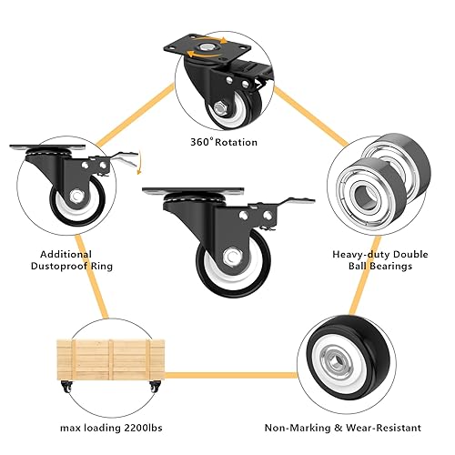 Miniatura 7 de Ruedas de 2 pulgadas, juego de 4 ruedas industriales resistentes, negras con freno, ruedas de bloqueo para muebles y banco de trabajo para carro,