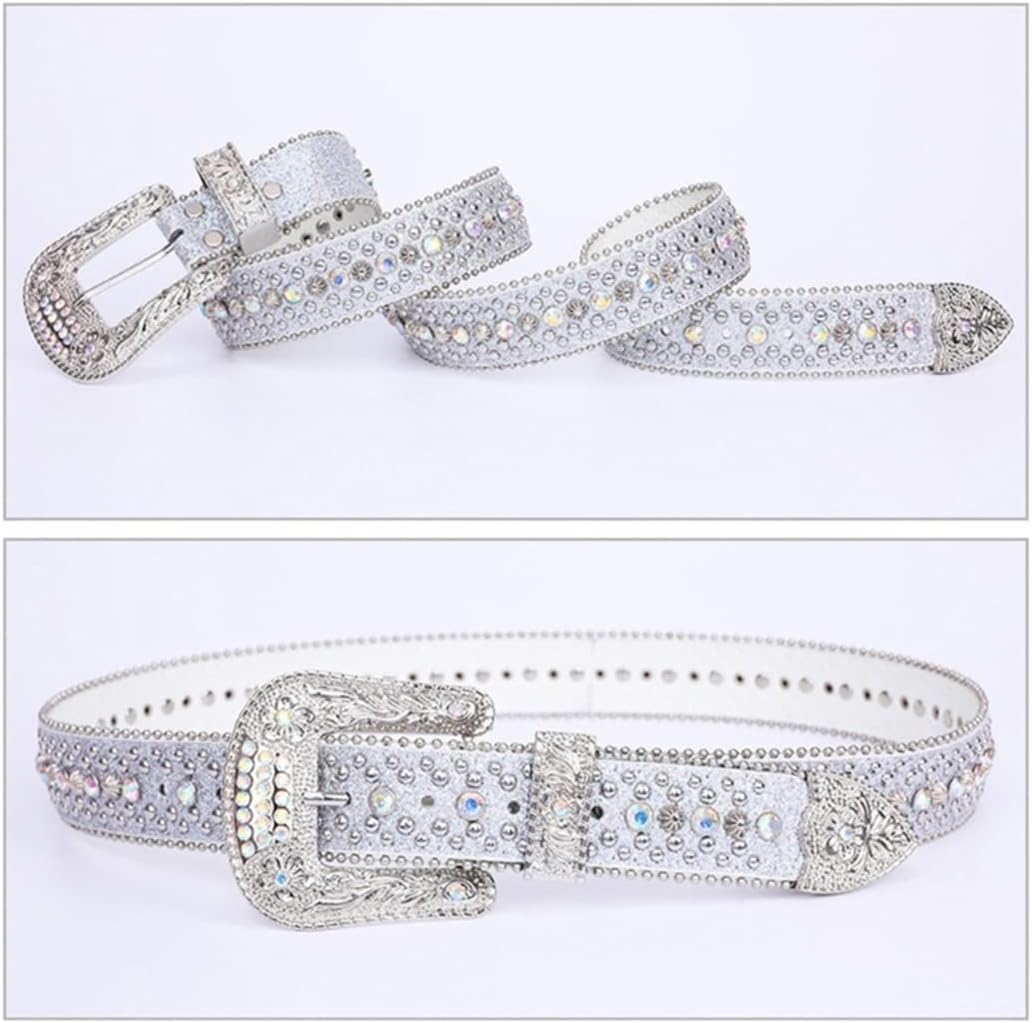 Mkjuuior Diamonds Belt for Men Women Western Cowboy Cowgirl Crystal Bling Studded Leather Belt for Jeans Pants Dresses