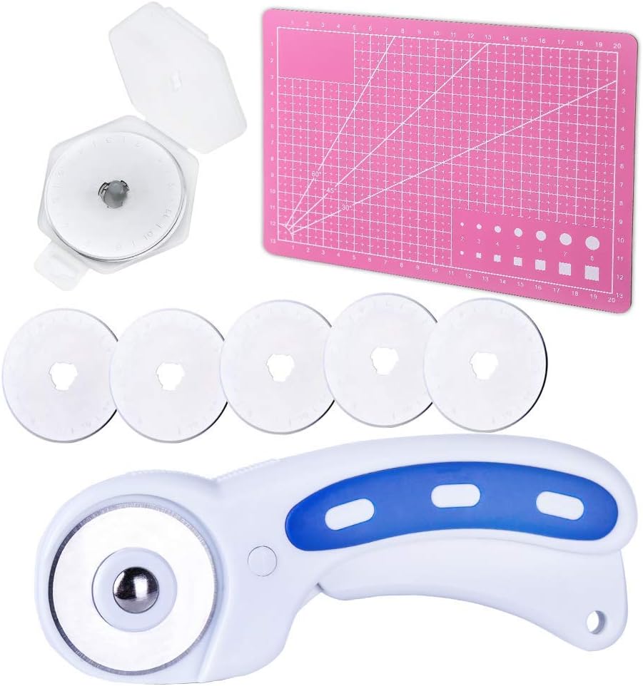 45mm Rotary Cutter with 5 Pcs Rotary Cutter Blades and A5 Cutting Mat, Rotary Cutter for Fabric, Jelly Roll Fabric, Jelly Roll Fabric Strips for Quilting, Quilting Fabric with Different Patterns for C