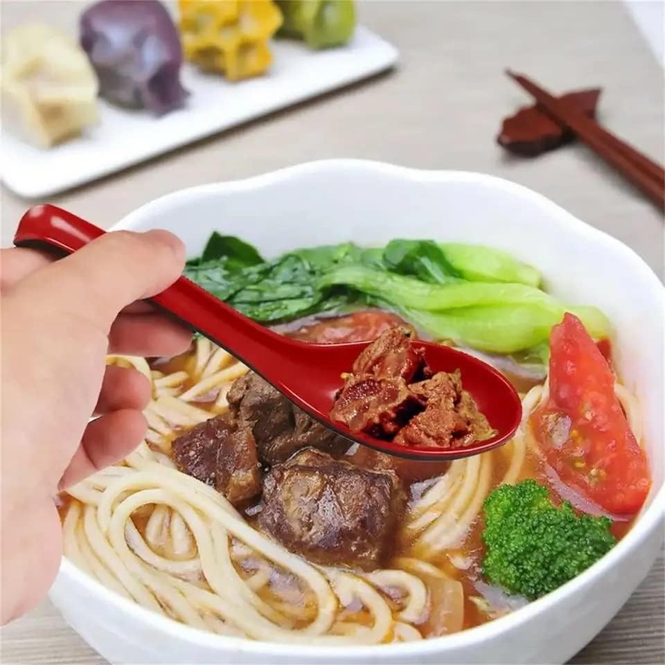 Miniatura 6 de Paquete de 6 cucharas de sopa asiática roja y negra de 6.5 pulgadas con gancho, cuchara china japonesa estilo coreano Fuji, perfecta para sopas de