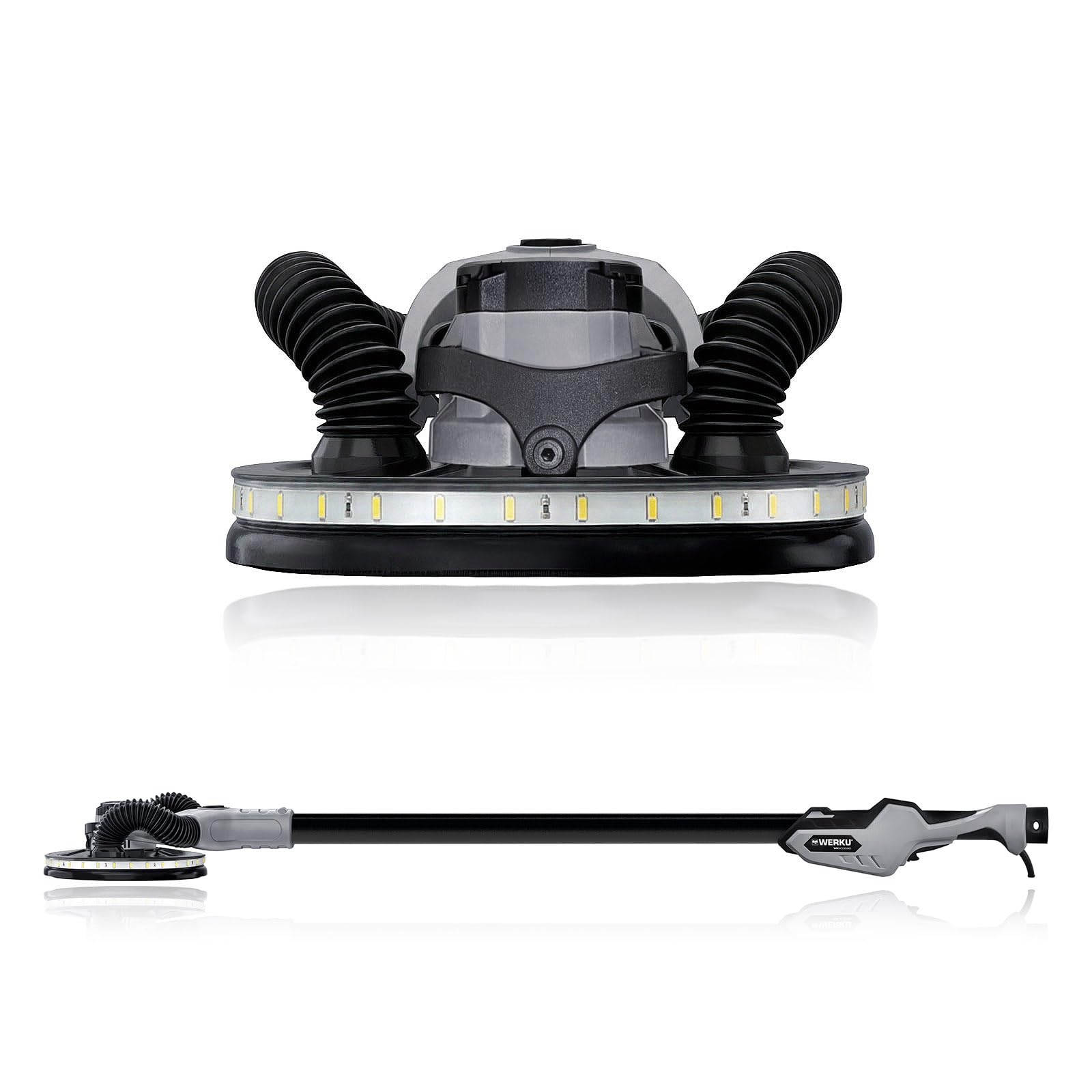 Werku WK403590, Lijadora Circular Rotorbital Paredes-Techos, Calidad Profesional, Potencia 400 W, Disco 225 mm, Órbita 5 mm, Sistema Luz LED Visión, Incluye Disco Lijado y Manguera