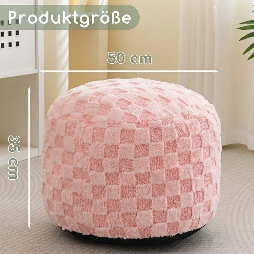 HIGOGOGO Pouf rond rembourré en tissu à carreaux avec rembourrage en mousse, repose-pieds en fourrure avec espace de rangement, 50 x 35 cm, comme pouf de sol pour salon, rose