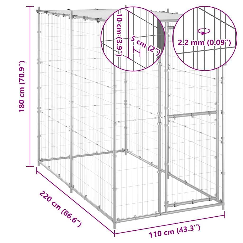 Gabbia per Cani Esterno Acciaio Zincato con Tetto 110x220x180 cm