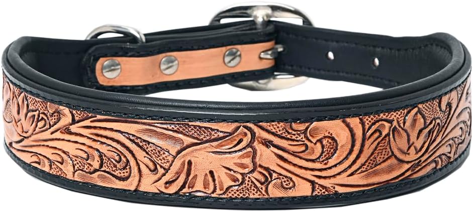 Hilason Floral Hand Tooled Strong Genuine Leather Dog Collar Black/Tan