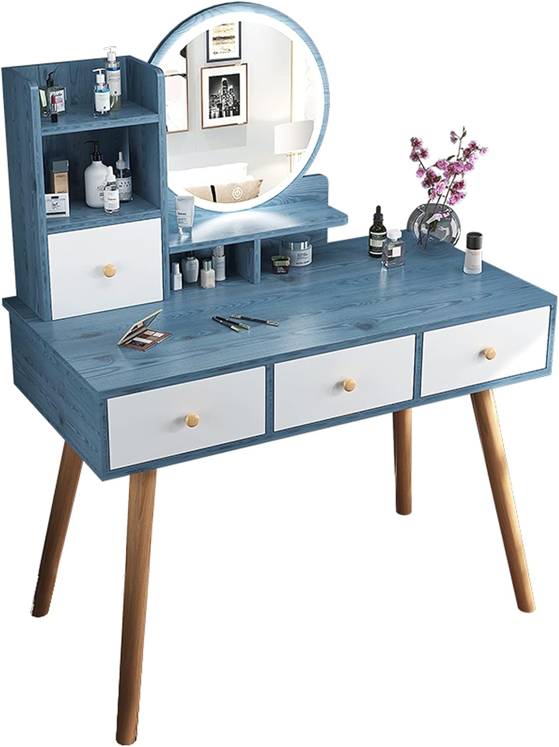 Amazon｜Dressing Tables Vanity Desk with Drawers and Lighted Mirror Makeup Vanity Table set with