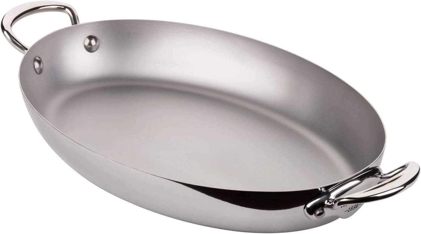 Mauviel M'Cook 5-Ply Polished Stainless Steel Oval Pan With Cast Stainless Steel Handles, 11.8-in, Made In France