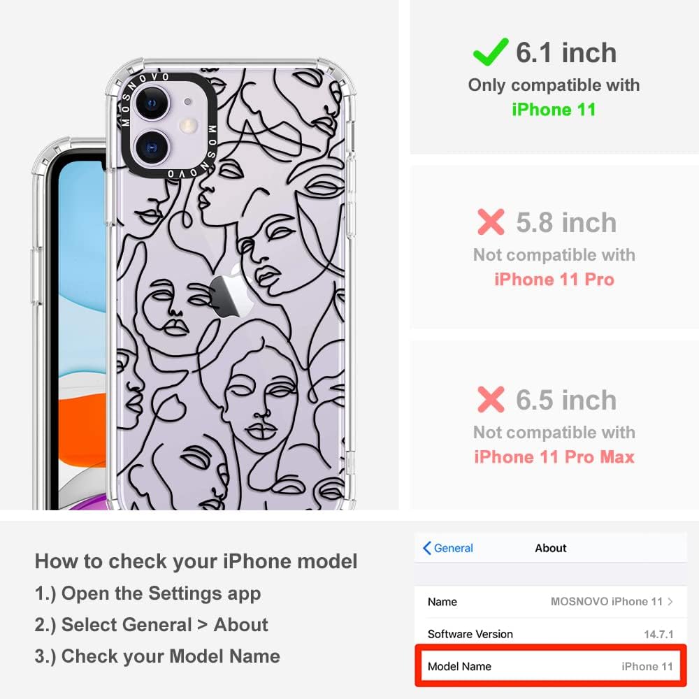 MOSNOVO Compatible with iPhone 11 Case, [Buffertech 6.6 ft Drop Impact] [Anti Peel Off Tech] Clear TPU Bumper Women Phone Case Cover with Abstract Face Line Art Designed for iPhone 11 6.1"