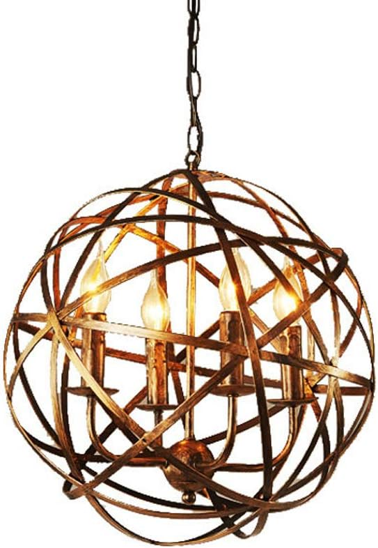 ANIFM Vintage Creatieve Eetkamerlamp Tafellamp Gouden Ronde Bol Design LED Hanglamp Rustiek Industrieel In hoogte Verstelbare Deco Lamp voor Bar Café Studie Ø42cm, E27x4, met 6W Lichtbron Comfortable