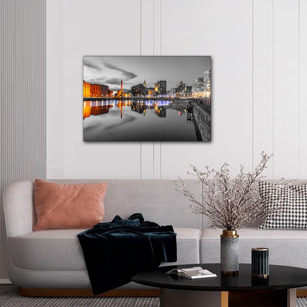 Liverpool UK Wall Decor Liverpool Skyline Posters Prints on Canvas Albert Dock Balck and White Wall Art 1 Panel Liverpool Bedroom Decor Modern Home Decor Framed Ready to Hang (16''Wx 24''H) - Image 3