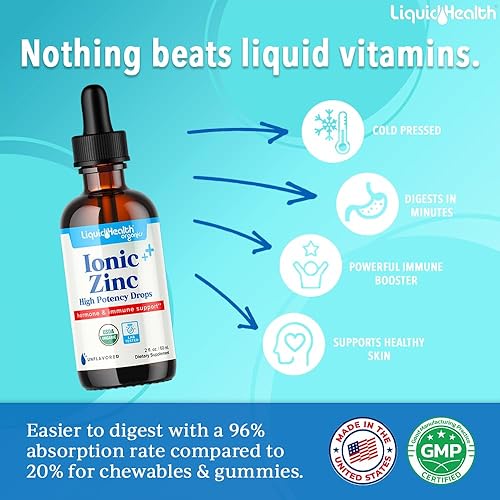 Miniatura 2 de LIQUIDHEALTH USDA Orgánico Zinc Iónico Gotas de Alta Potencia - Suplemento Vitamínico Líquido de Minerales Traza para Adultos, Niños - Apoyo