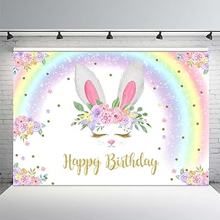 MEHOFOND 8x6ft Glitter Rainbow Bunny Girl Happy Birthday Party Decorations Backdrop Floral Gold Glitter Magical Rabbit Spring Easter Photography Background Photo Banner Poster for Cake Table Supplies