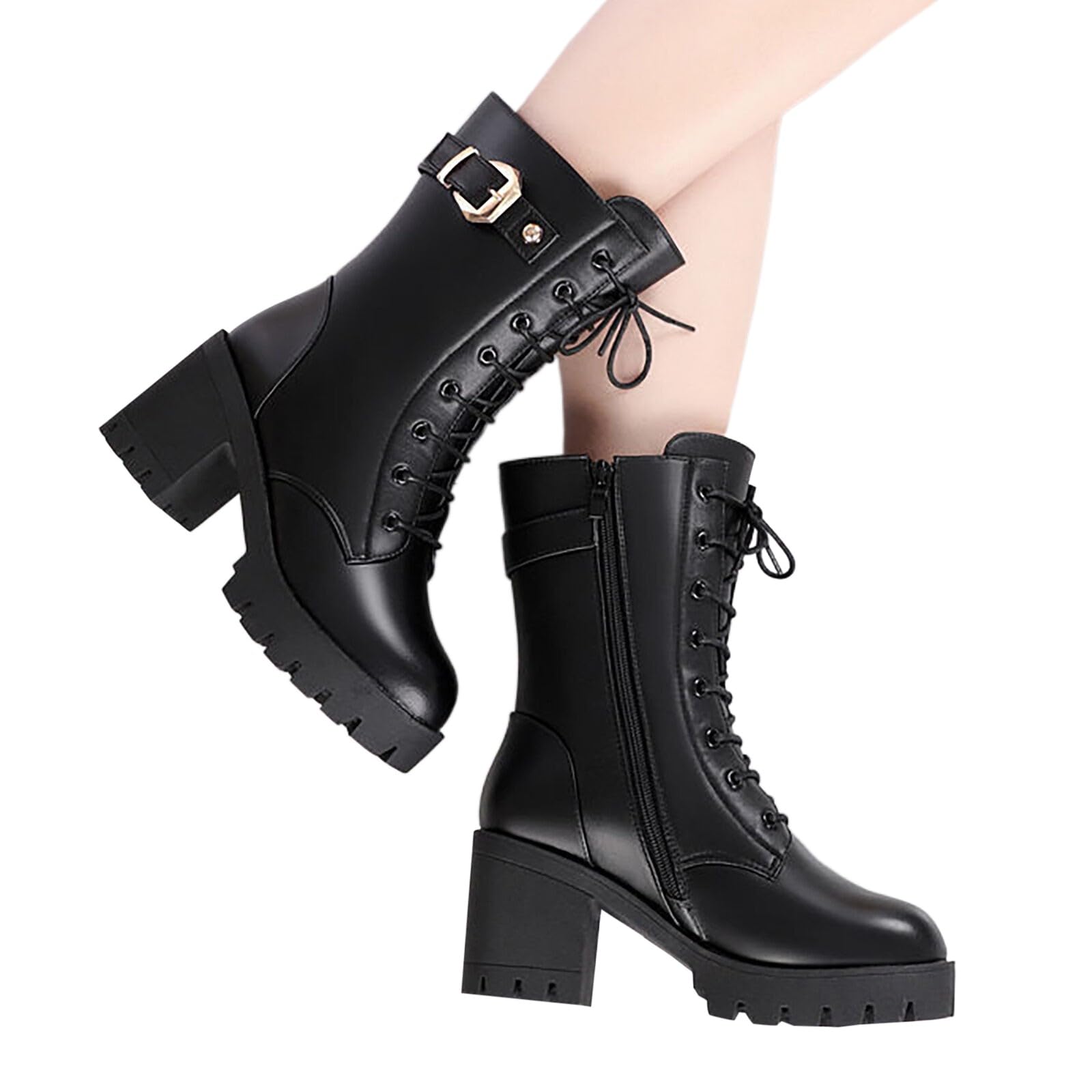 Botas de invierno para mujer con tacón, forradas, color negro, con cordones, tacón grueso, antideslizantes, botas de nieve, botas altas de invierno, cálidas para exteriores, moteros, cómodas, botas