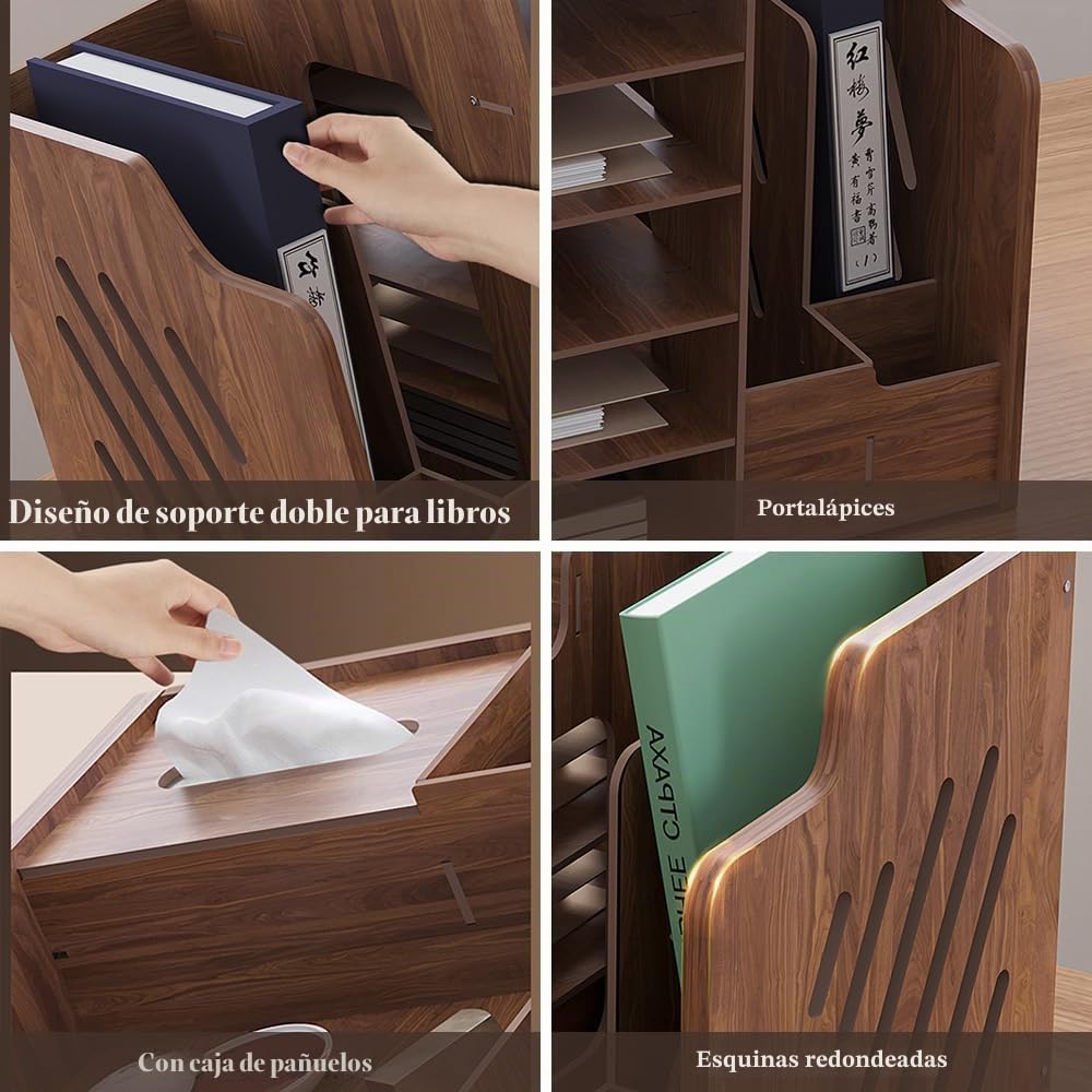 Hggzeg Organizador de escritorio de madera, organizador de archivos y documentos de papel A4, caja de almacenamiento de suministros