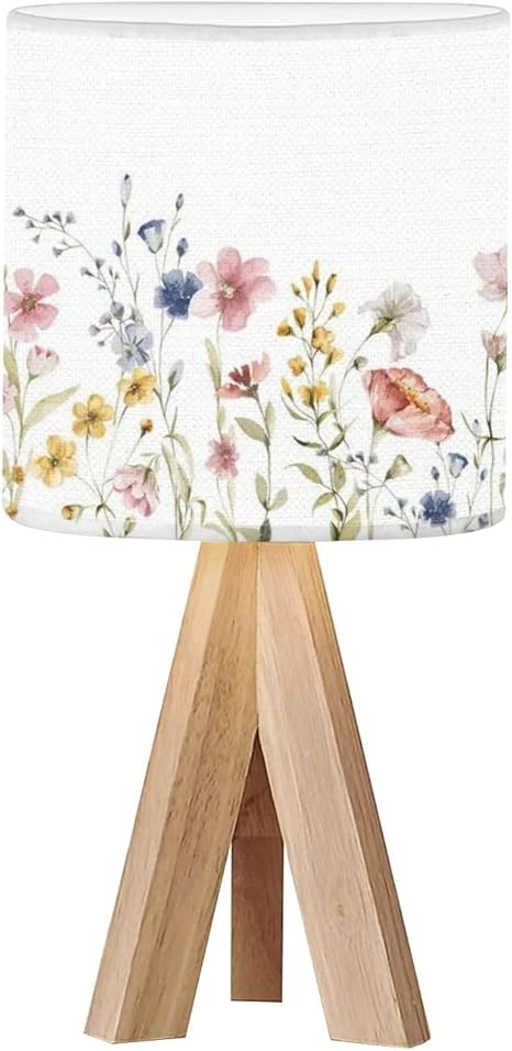 OEPWQIWEPZ Tripod Bedside Desk Table Lamp Watercolor Floral Seamless Border Hand Frame Green Leaves Wildflowers Wood Nightstand Lamp with Linen Fabric Shade for Nursery Bedroom Living Room Kids Room