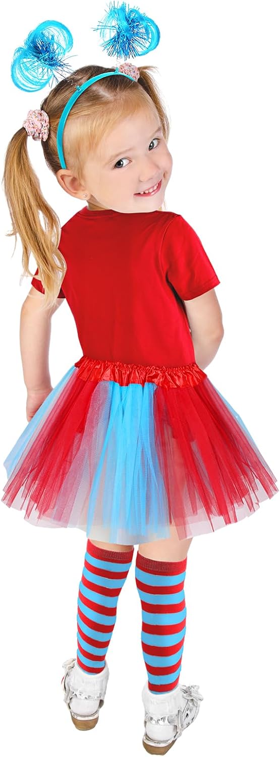 Lenwen Girls Tulle Tutu Costume Accessories Set T Shirt Striped Thigh High Socks Tutu Skirt Headband for Kids Cosplay Party