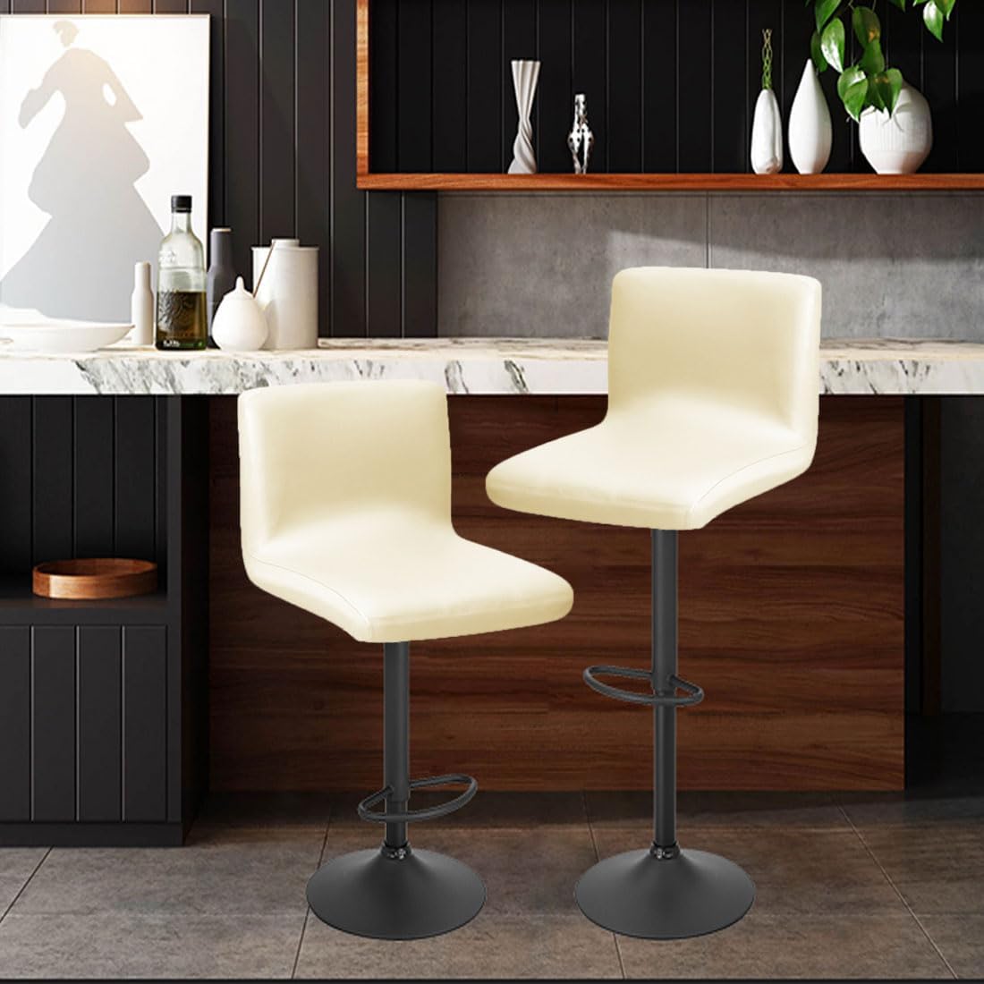Waterproof PU Bar Stool Covers, Set of 4, Beige, Stretchable, Easy Installation, Protects from Stains & Scratches, One-Size-Fits-Most, Kitchen/Bar Stool Covers