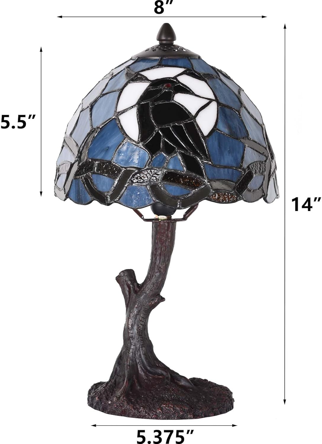 Bieye L12010 Raven Sitting on Bare Tree Branch in Full Moon Night Tiffany Style Stained Glass Table Lamp for Home Decor (Dark Blue, 8Wx14H)