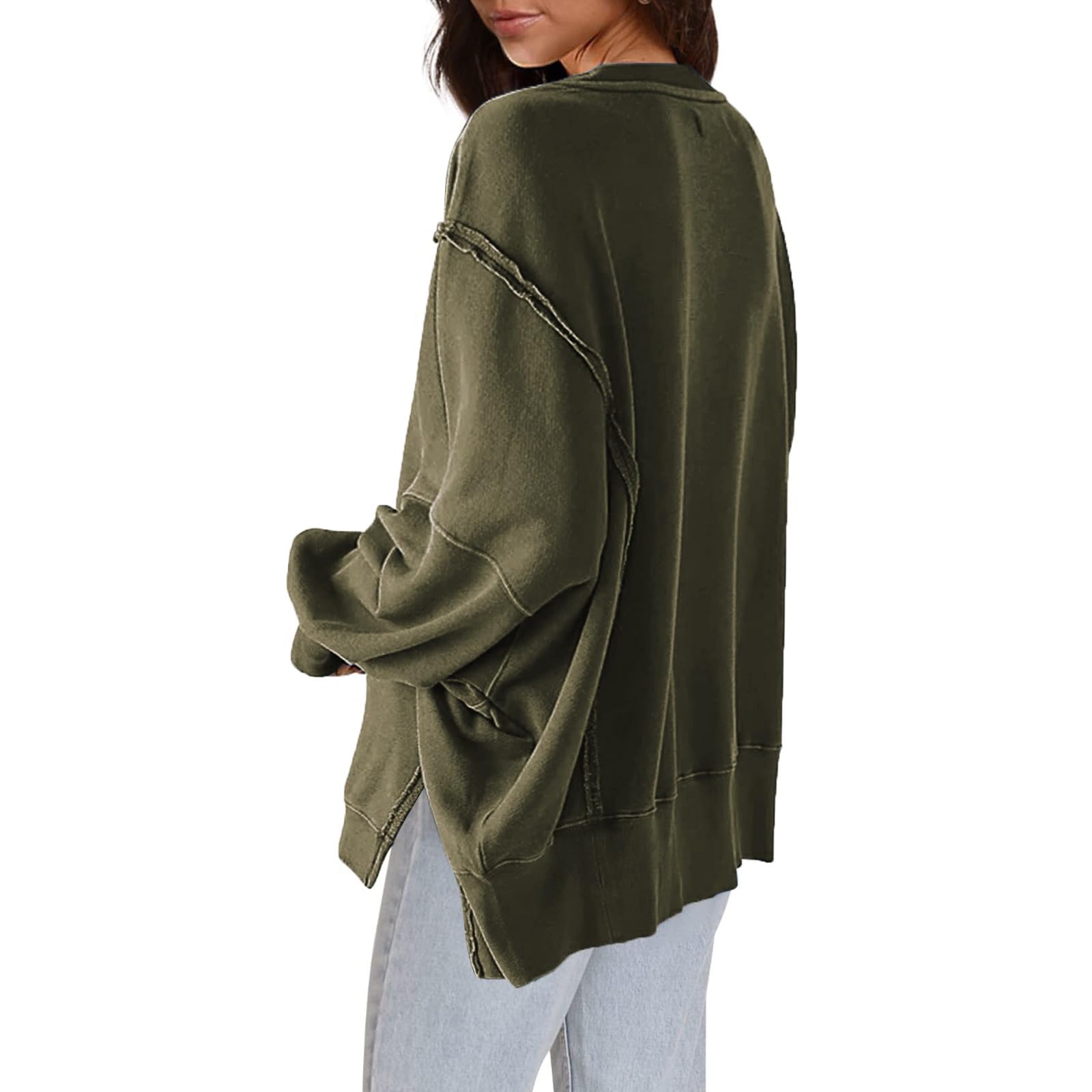 Générique Sweat sans Capuch Femme Surdimensionné Manche Longue Col Rond Côtelé Fente Latérale Sweats avec Épaule Tombantes Chic et Élégant Couleur Unie Haut Tunique Automne Hiver Chaud Pullover Gym