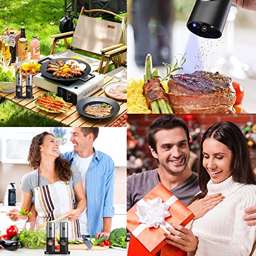 Electric Salt and Pepper Grinder Set, RIGHTWELL 2 PCS Adjustable Coarseness Pepper Grinder Mill with Storage Base and LED Light, Automatic Ceramic Core Salt Grinder for for Kitchen, BBQ, Camping,70ml
