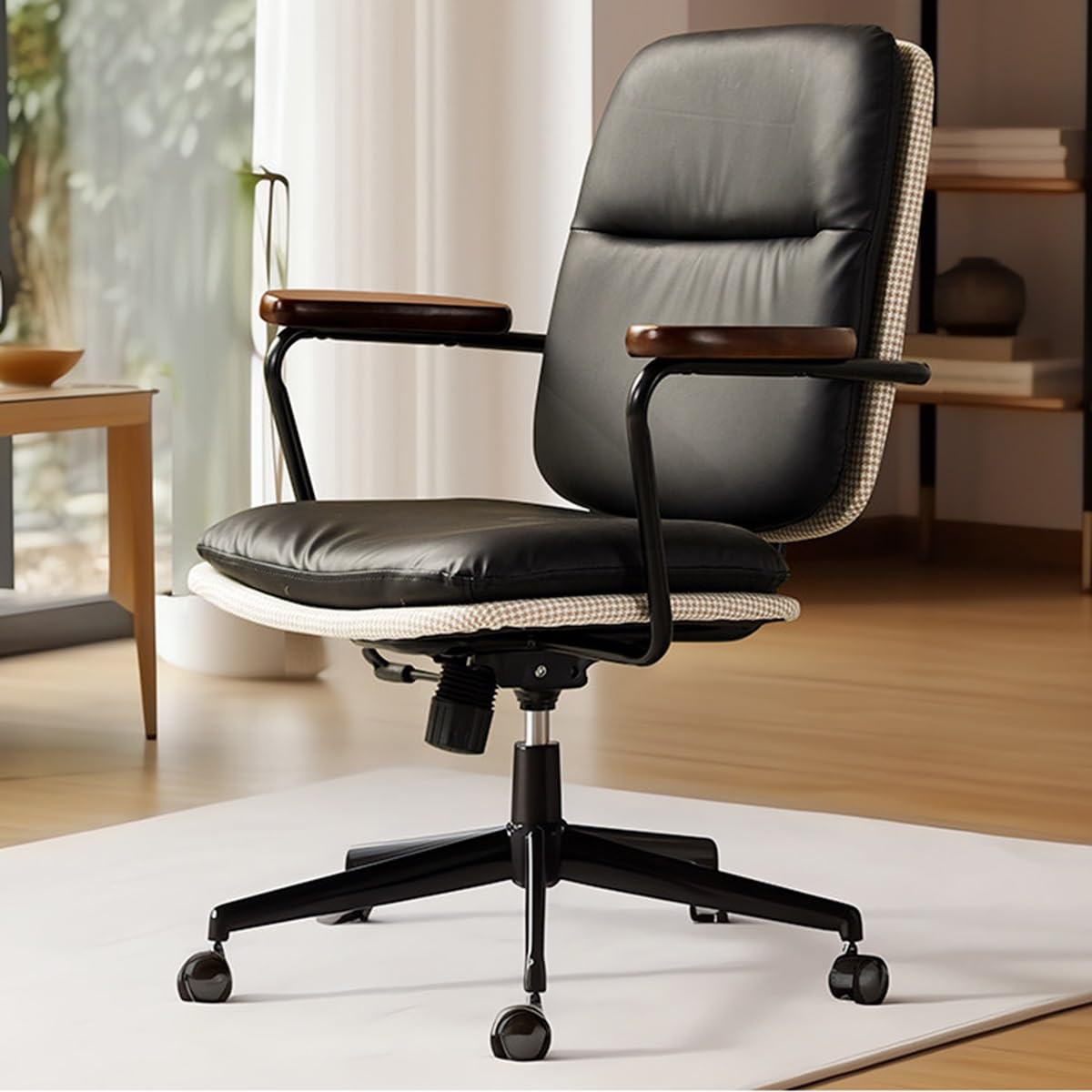 HTTGDGDH Ergonomic Leather Recliner Office Chair - Swivel Rolling Executive Chair With Wooden Arms Ideal For Gaming & Study Compact Design For Small Spaces,Nero-A