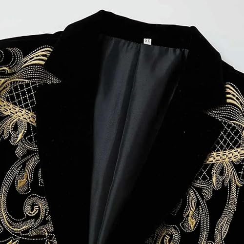 Blazer masculino com bordado floral dourado preto com lapela e botão único de veludo, Hh-1286, GG