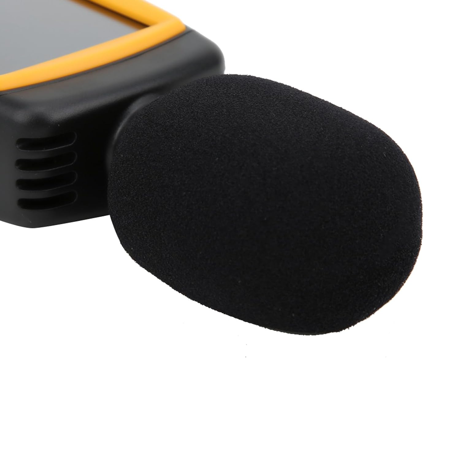 Close-up of the AS844+ microphone with a black foam windscreen attached.