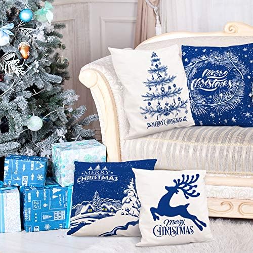 Whaline Merry Christmas Pillow Case White Blue Pillow Cover Snow Xmas Tree Reindeer Throw Cushion Cover Cushion Cases for Home Office Sofa Bed Christmas Party Decoration, 4Pcs, 18" x 18"