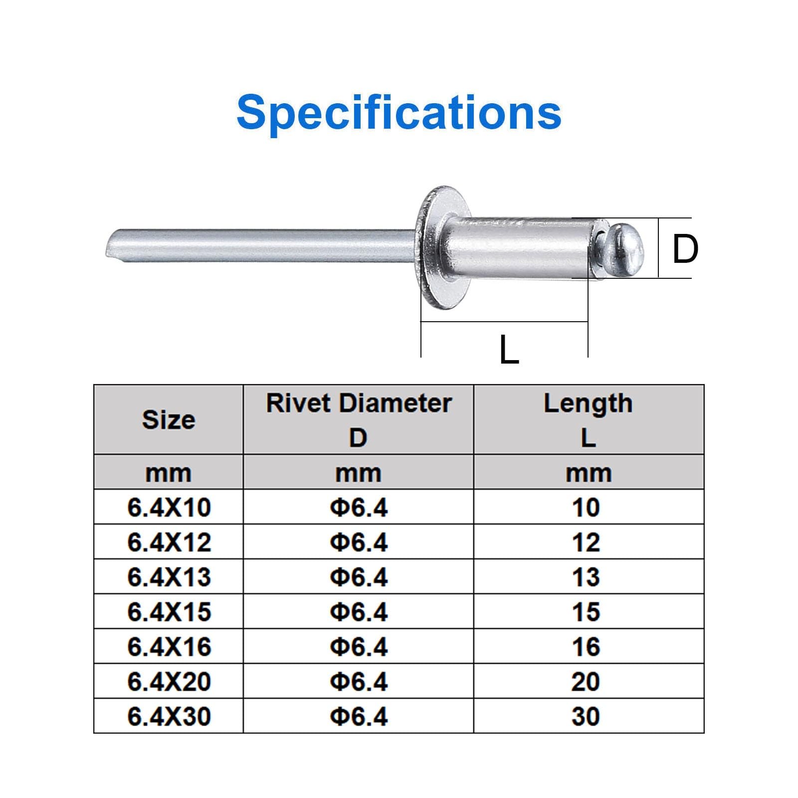 100 PCS Rivets Aveugles Tête Bombée 6,4X12mm, Rivet Plaque Immatriculation
