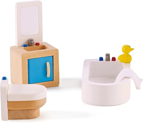 Miniatura 5 de Hape Muebles de casa de muñecas de madera, juego de baño familiar | Juego de simulación para casa de muñecas de madera para niños