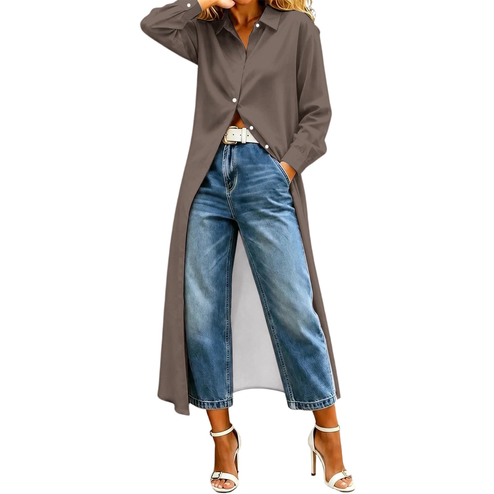 Camicia da Donna Casual a Tinta Unita a Maniche Lunghe con Orlo Lungo 2026