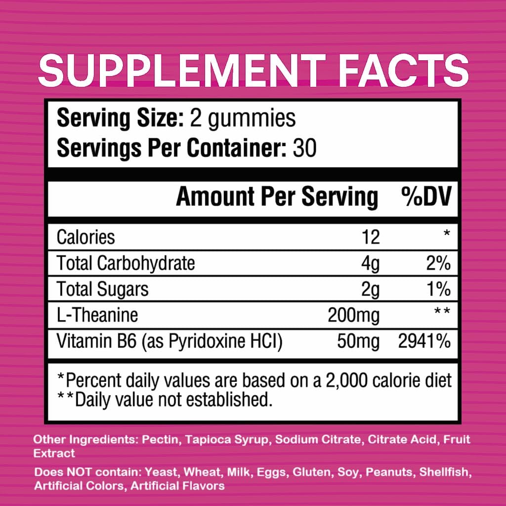 L-Theanine Gummies 200mg – L Theanine Supplement Chewable Gummy – Ltheanine/L’theanine 200mg – Focus and Calm Vitamins Supplement for Kids and Adults