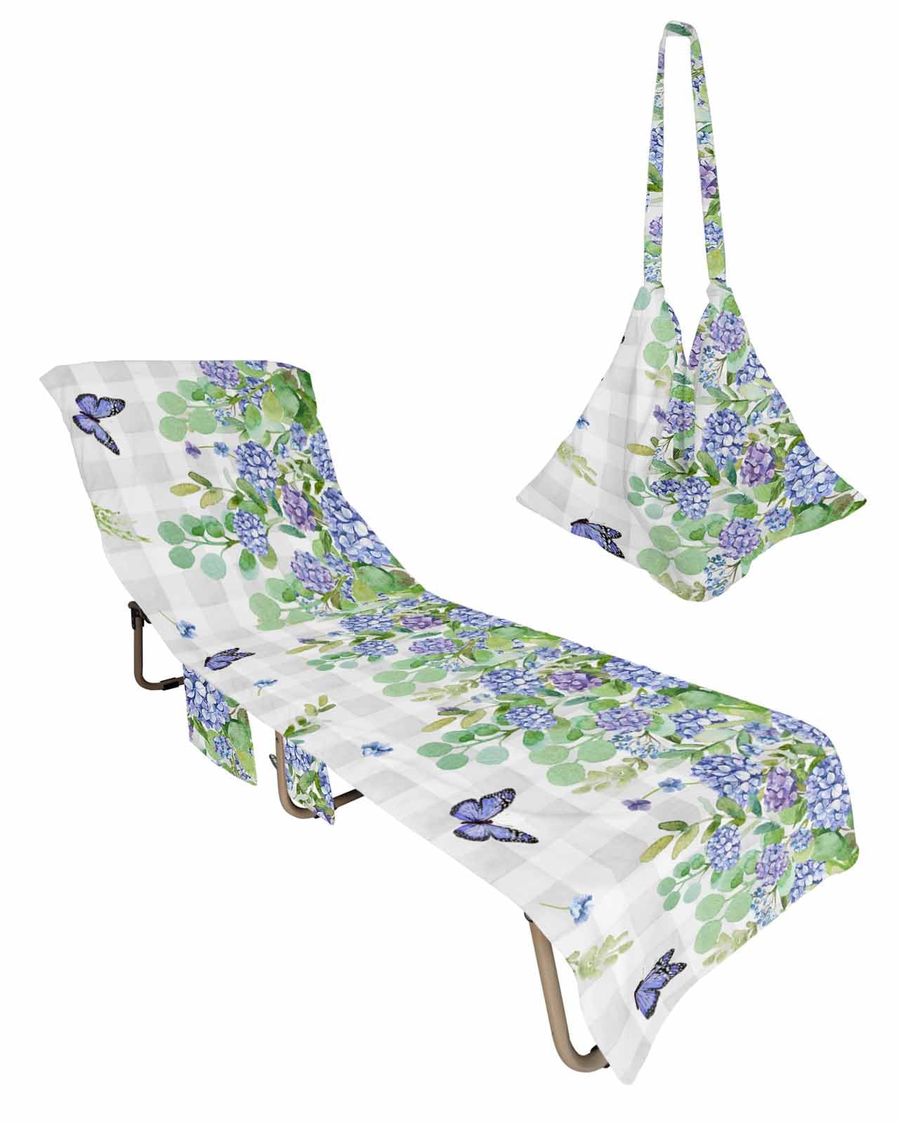 Blue Flower Beach Chair Towel Covers for Chaise Lounge with Side Pocket, Soft Plush Pool Towels Cover for Patio Sunbathing Outdoor 29''x85'' Green Eucalyptus Spring Botanical Plant Plaid